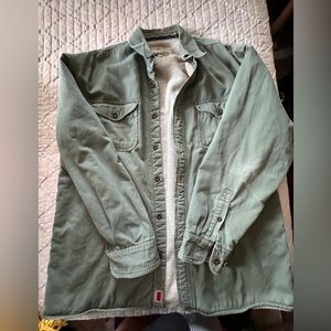 Navy green and cream colored fleece lined men’s jacket